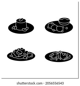 Afro-Caribbean food glyph icons set. Traditional dishes.Akara and ogi, moin-moin, peppered snail, oxtail. Local food concept. Filled flat signs. Isolated silhouette vector illustrations