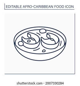 Afro-Caribbean food line icon. Okra soup with assorted meat or fish. Nigerian traditional soup. Local food concept. Isolated vector illustration. Editable stroke