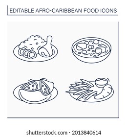 Afro-Caribbean food line icons set. Jollof rice and fried stewed chicken, efo egusi, meat pie, boiled ghanaian yarn. Local food concept. Isolated vector illustrations. Editable stroke