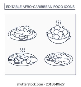 Afro-Caribbean food line icons set. Jollof oxtail, fried plantain, ewa, puff-puff. Traditional dishes.. Local food concept. Isolated vector illustrations. Editable stroke
