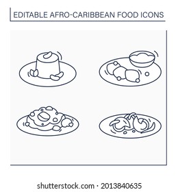 Afro-Caribbean food line icons set. Traditional dishes.Akara and ogi, moin-moin, peppered snail, oxtail. Local food concept. Isolated vector illustrations. Editable stroke