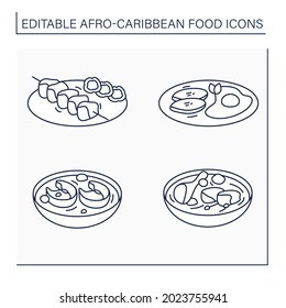 Afro-Caribbean Food Line Icons Set. Traditional Dishes.Fish Pepper Soup, Okra, Suya. Fried Plantain With Eggs. Local Food Concept. Isolated Vector Illustrations. Editable Stroke