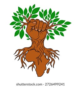 Afrozentrisches Design, das schwarze Faustwurzelsystem Kontinentalkarte und grüne Blätter kombiniert, die Stärke, Erbe und Natur repräsentieren