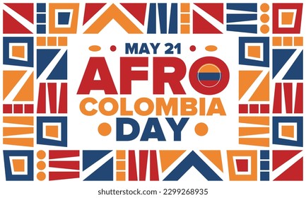 Afro-Colombian Day in Colombia. Celebrate annual in May 21. Freedom day poster. National holiday. Colombian flag. Afro-Colombian culture, history and heritage. Tradition pattern. Vector illustration