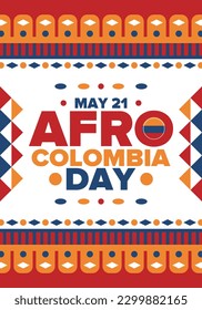 Afro-Colombian Day in Colombia. Celebrate annual in May 21. Freedom day poster. National holiday. Colombian flag. Afro-Colombian culture, history and heritage. Tradition pattern. Vector illustration