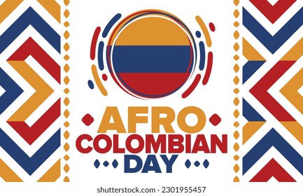 Afro-Colombian Day in Colombia. Celebrate annual in May 21. Freedom day poster. National holiday. Colombian flag. Afro-Colombian culture, history and heritage. Tradition pattern. Vector illustration