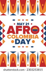 Afro-Colombian Day in Colombia. Celebrate annual in May 21. Freedom day poster. National holiday. Colombian flag. Afro-Colombian culture, history and heritage. Tradition pattern. Vector illustration