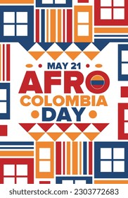 Afro-Colombian Day in Colombia. Celebrate annual in May 21. Freedom day poster. National holiday. Colombian flag. Afro-Colombian culture, history and heritage. Tradition pattern. Vector illustration