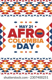 Afro-Colombian Day in Colombia. Celebrate annual in May 21. Freedom day poster. National holiday. Colombian flag. Afro-Colombian culture, history and heritage. Tradition pattern. Vector illustration