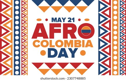 Día Afrocolombiano en Colombia. Celebrar anualmente el 21 de mayo. Afiche del Día de la Libertad. Fiesta nacional. Bandera colombiana. Cultura, historia y patrimonio afrocolombiano. Patrón de tradición. Ilustración del vector