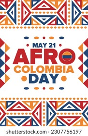 Afro-Colombian Day in Colombia. Celebrate annual in May 21. Freedom day poster. National holiday. Colombian flag. Afro-Colombian culture, history and heritage. Tradition pattern. Vector illustration