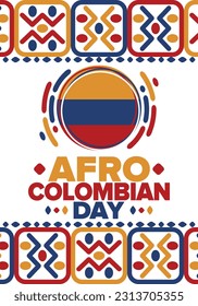 Afro-Colombian Day in Colombia. Celebrate annual in May 21. Freedom day poster. National holiday. Colombian flag. Afro-Colombian culture, history and heritage. Tradition pattern. Vector illustration