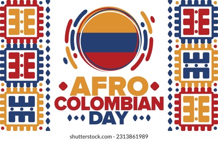Afro-Colombian Day in Colombia. Celebrate annual in May 21. Freedom day poster. National holiday. Colombian flag. Afro-Colombian culture, history and heritage. Tradition pattern. Vector illustration