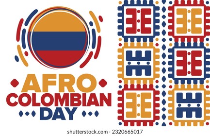 Afro-Colombian Day in Colombia. Celebrate annual in May 21. Freedom day poster. National holiday. Colombian flag. Afro-Colombian culture, history and heritage. Tradition pattern. Vector illustration