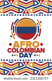 Afro-Colombian Day in Colombia. Celebrate annual in May 21. Freedom day poster. National holiday. Colombian flag. Afro-Colombian culture, history and heritage. Tradition pattern. Vector illustration