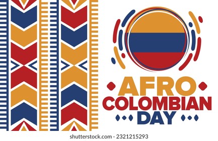 Día Afrocolombiano en Colombia. Celebrar anualmente el 21 de mayo. Afiche del Día de la Libertad. Fiesta nacional. Bandera colombiana. Cultura, historia y patrimonio afrocolombiano. Patrón de tradición. Ilustración del vector