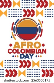 Afro-Colombian Day in Colombia. Celebrate annual in May 21. Freedom day poster. National holiday. Colombian flag. Afro-Colombian culture, history and heritage. Tradition pattern. Vector illustration