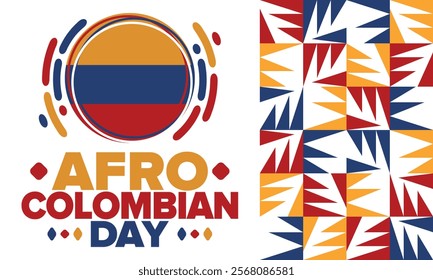 Afro-Colombian Day in Colombia. Celebrate annual in May 21. Freedom day poster. National holiday. Colombian flag. Afro-Colombian culture, history and heritage. Tradition pattern. Vector illustration