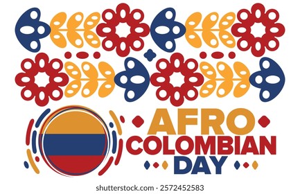 Afro-Colombian Day in Colombia. Celebrate annual in May 21. Freedom day poster. National holiday. Colombian flag. Afro-Colombian culture, history and heritage. Tradition pattern. Vector illustration