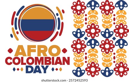 Afro-Colombian Day in Colombia. Celebrate annual in May 21. Freedom day poster. National holiday. Colombian flag. Afro-Colombian culture, history and heritage. Tradition pattern. Vector illustration