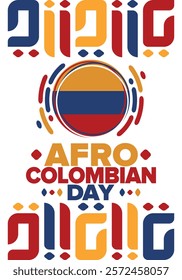 Afro-Colombian Day in Colombia. Celebrate annual in May 21. Freedom day poster. National holiday. Colombian flag. Afro-Colombian culture, history and heritage. Tradition pattern. Vector illustration