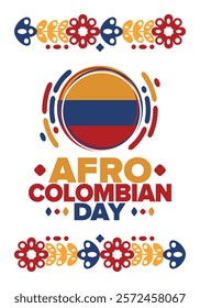 Afro-Colombian Day in Colombia. Celebrate annual in May 21. Freedom day poster. National holiday. Colombian flag. Afro-Colombian culture, history and heritage. Tradition pattern. Vector illustration