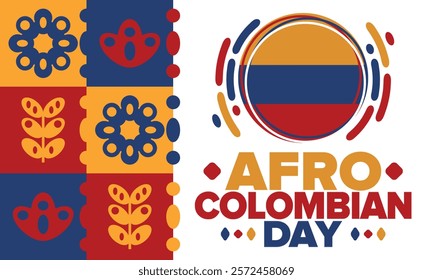 Afro-Colombian Day in Colombia. Celebrate annual in May 21. Freedom day poster. National holiday. Colombian flag. Afro-Colombian culture, history and heritage. Tradition pattern. Vector illustration