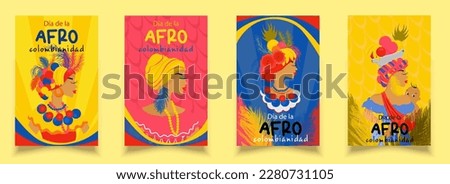 Afro-Columbian Day greeting banner set up in Colombia, colorful flyer In Spanish: Afro-Colombian Day. Columbian woman in folk dress with feathers and fruits on her head. Stock foto © 