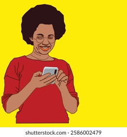 Afro-haired lady in red smiling while reading her phone emails.