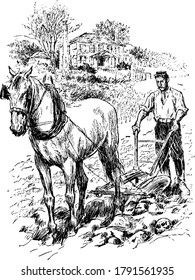 After Appomattox, an illustration of a man performing some agricultural activities, vintage line drawing or engraving illustration.