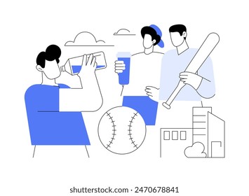 Después del juego de béisbol Ilustraciones vectoriales aisladas de dibujos animados. Grupo de jugadores diversos descansan después del juego, sostienen la pelota en las manos, beben agua, actividad al aire libre, juntos, Vector deportivo urbano de dibujos animados.