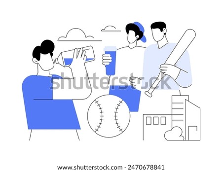 After baseball game isolated cartoon vector illustrations. Group of diverse players rest after game, hold ball in hands, drink water, outdoor activity, together, urban sports vector cartoon.