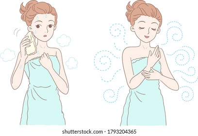 After bathing, the woman wears a bath towel, showing refreshing and sweating, two icons