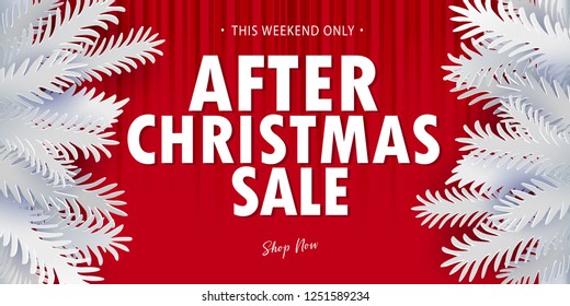 After Christmas Clearance Sale banner. White paper art craft cut out fir tree branches on sides of red background. Vector illustration. Retro design.
