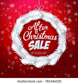 After Christmas Sale banner. Circle frame made with white paper art cut out fir tree branches on red background with snowflakes. Vector illustration.