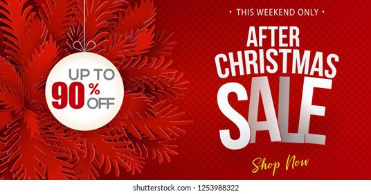 After Christmas Sale banner. Paper art cut out fir tree branches. Web banner design with modern typography discount offer. Vector illustration.