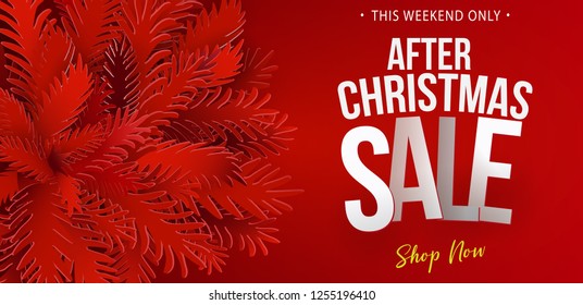 After Christmas Sale banner. Paper art cut out fir tree branches. Web banner design with modern typography discount offer. Vector illustration.