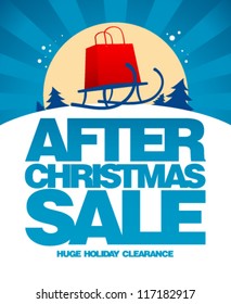 After christmas sale banner vector design template with shopping bag on a sled.