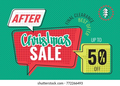 After Christmas Sale Calligraphic Logo Lettering in Trendy Raster Speech Bubbles Shopping Creative Concept - Red and Yellow Elements on Green Dots Wallpaper Background - Vector Flat Graphic Design