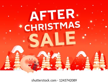 After christmas sale concept banner with christmas trees, pig and different discounts