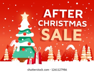After Christmas sale design  banner with fir tree and gifts on winter landscape background
