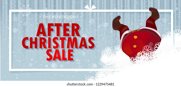 After christmas Sale offer. Cute, funny Santa Claus cartoon character hanging upside down in snowdrift. Vector illustration. Horizontal banner with paper gift frame. Head over heels