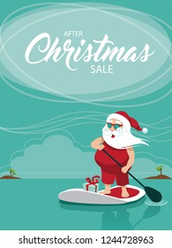 After Christmas sale template background with Cartoon Santa Claus relaxing on his stand up paddle board in the tropics. Eps10 vector illustration.