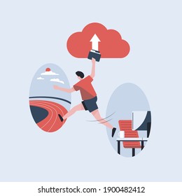 After Complete his office activity. Man upload his document to online and go outside illustration concept. Man taking file and having laptop in his hand. Vector illustration in cartoon style.