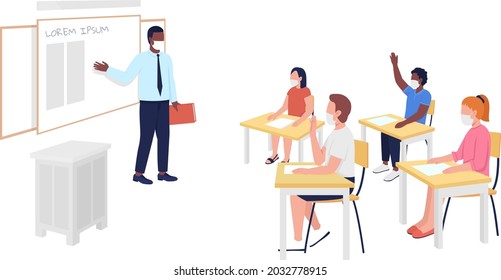 After corona school class semi flat color vector character. Classroom and pupils figures. Full body people on white. School isolated modern cartoon style illustration for graphic design and animation