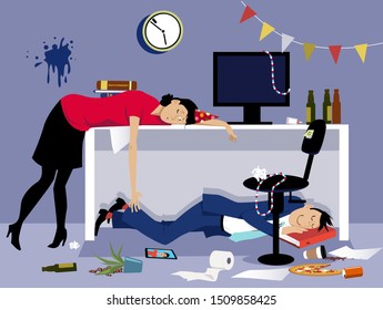 After A Corporate Event Of Party Drunk Business People Sleeping In A Messy Office, EPS 8 Vector Illustration