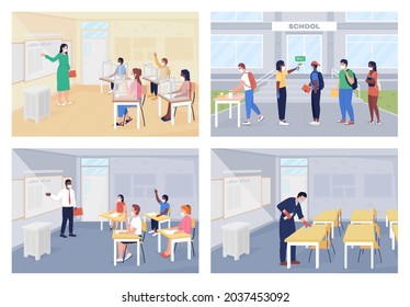 After covid pandemic rules at school flat color vector illustration set. Coronavirus precaution measures. Pupils at lesson 2D cartoon characters collection with classroom on background