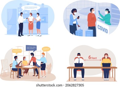 After covid precaution for office and travel 2D vector isolated illustration set. People in facial respiratory masks flat characters on cartoon background. Safety during quarantine colourful scene