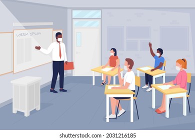 After covid school lesson flat color vector illustration. Studying and discussing. Pupil answers question. Teacher and students in masks 2D cartoon characters with interior on background