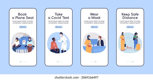 After covid travel onboarding mobile app screen flat vector template. Walkthrough website 4 steps with characters. Creative UX, UI, GUI smartphone cartoon interface, case prints set